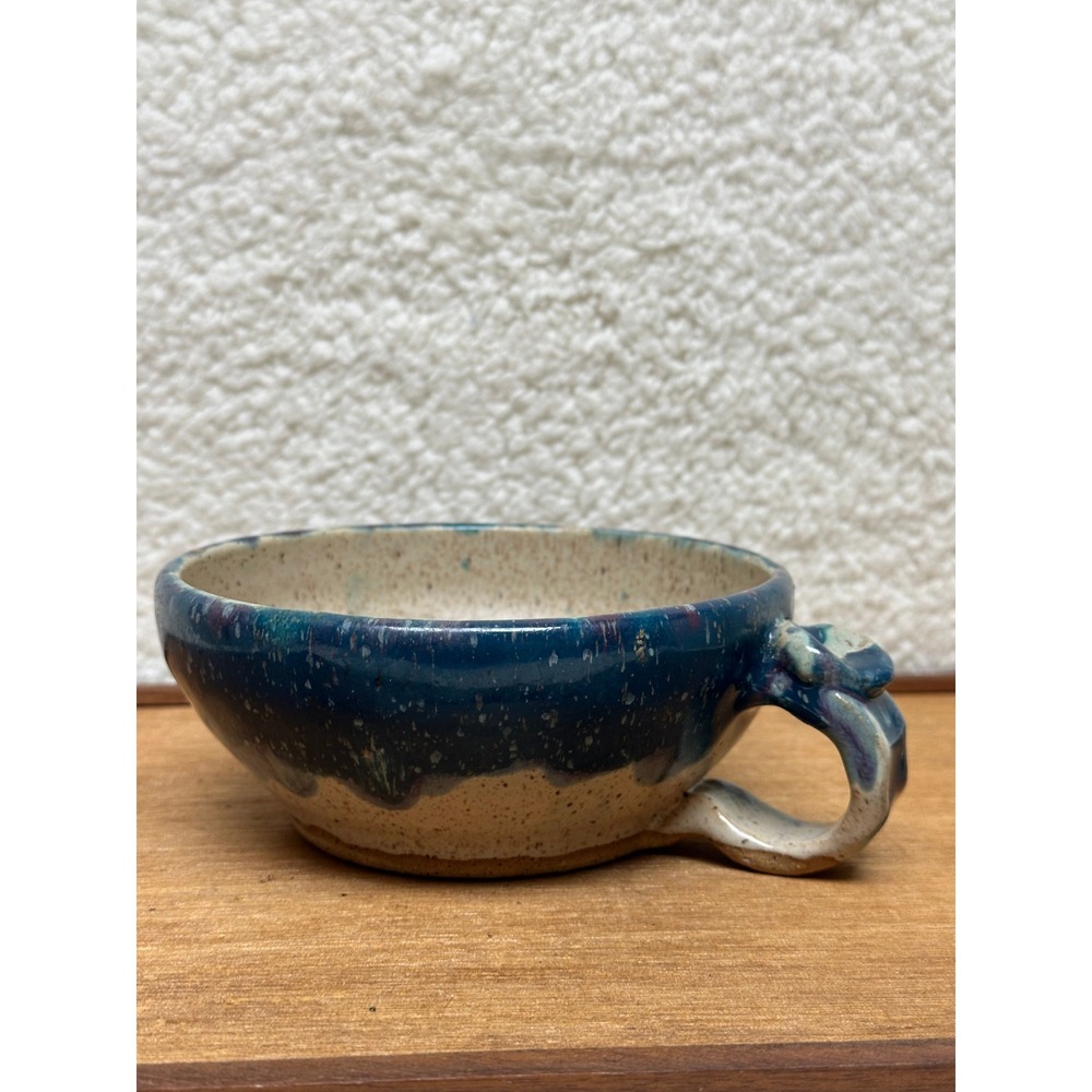 Vintage Studio Pottery Cup Blue Speckled Stoneware Thumb Rest Bowl Mug 96 - Picture 8 of 9